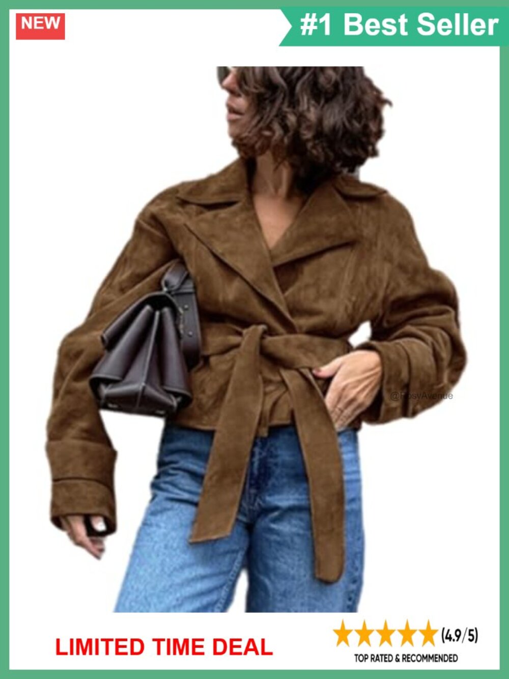Faux Suede Jacket Women Belted Long Sleeve Button Down Cropped Casual